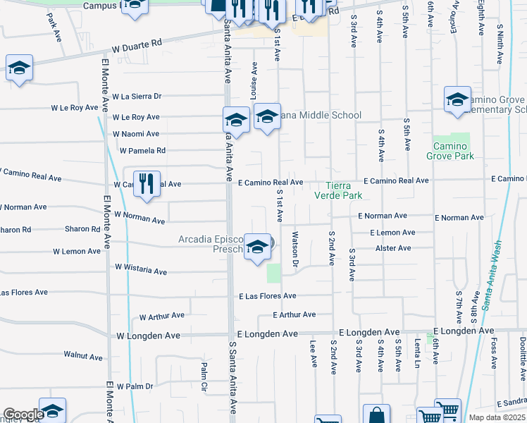map of restaurants, bars, coffee shops, grocery stores, and more near 46 East Winnie Way in Arcadia