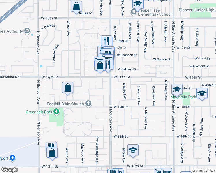 map of restaurants, bars, coffee shops, grocery stores, and more near 1575 North Mountain Avenue in Upland