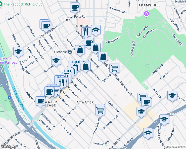 map of restaurants, bars, coffee shops, grocery stores, and more near 1909 Gardena Avenue in Glendale