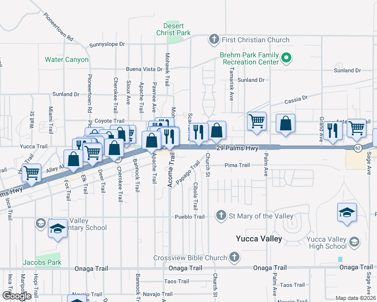 map of restaurants, bars, coffee shops, grocery stores, and more near 56195 29 Palms Highway in Yucca Valley