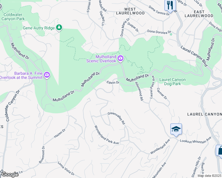 map of restaurants, bars, coffee shops, grocery stores, and more near 8225 Skyline Drive in Los Angeles