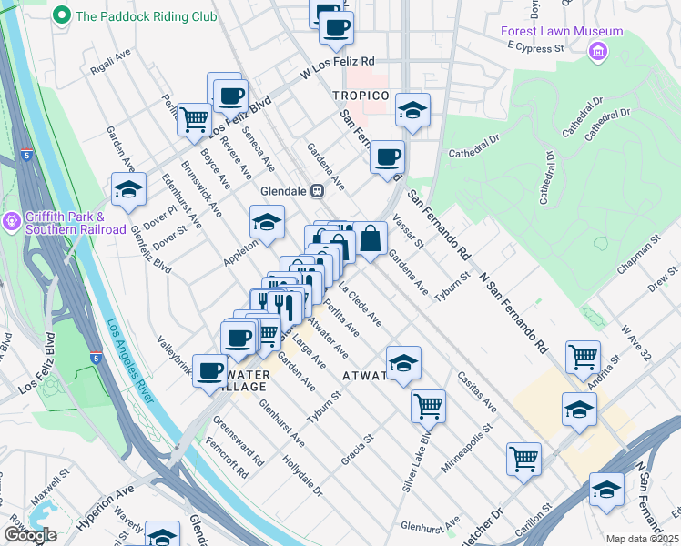 map of restaurants, bars, coffee shops, grocery stores, and more near 3404 Glendale Boulevard in Los Angeles
