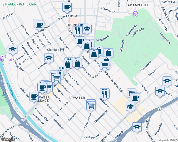 map of restaurants, bars, coffee shops, grocery stores, and more near 1920 Gardena Avenue in Glendale