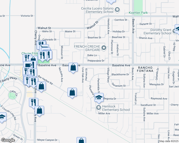 map of restaurants, bars, coffee shops, grocery stores, and more near 14950 Blue Lake Court in Fontana