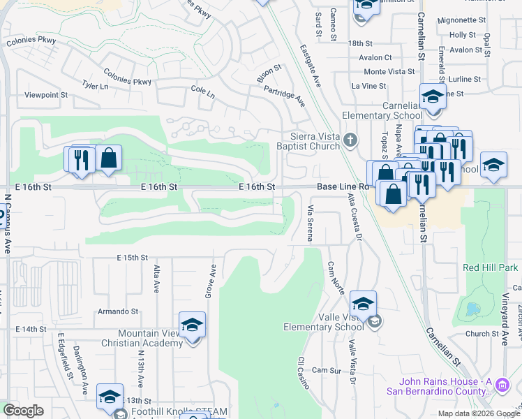 map of restaurants, bars, coffee shops, grocery stores, and more near 1539 Upland Hills Drive South in Upland