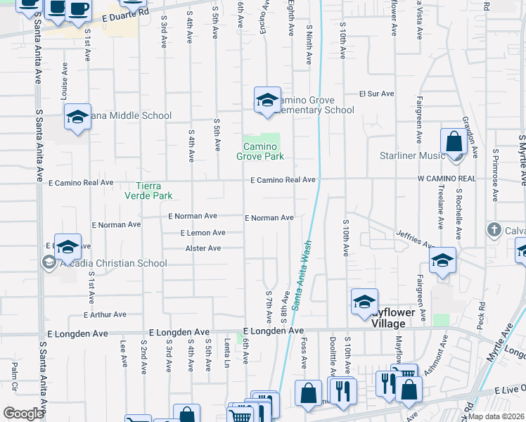 map of restaurants, bars, coffee shops, grocery stores, and more near 625 East Norman Avenue in Arcadia