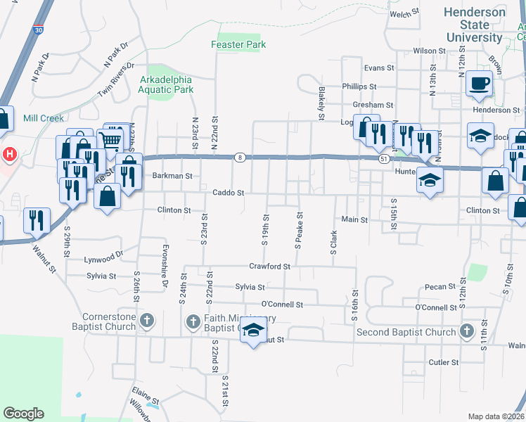 map of restaurants, bars, coffee shops, grocery stores, and more near 231 South 19th Street in Arkadelphia