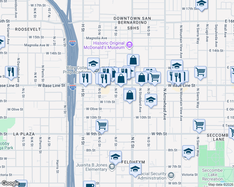 map of restaurants, bars, coffee shops, grocery stores, and more near in San Bernardino