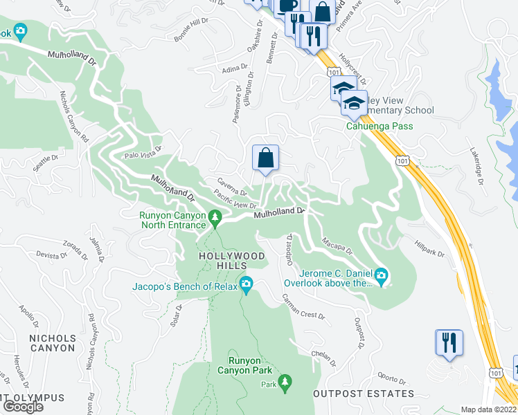 map of restaurants, bars, coffee shops, grocery stores, and more near Pacific View Dr & Pacific View Trail in Los Angeles