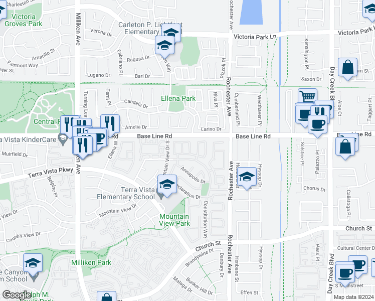 map of restaurants, bars, coffee shops, grocery stores, and more near in Rancho Cucamonga