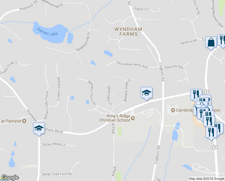 map of restaurants, bars, coffee shops, grocery stores, and more near 535 Laurel Oaks Lane in Alpharetta
