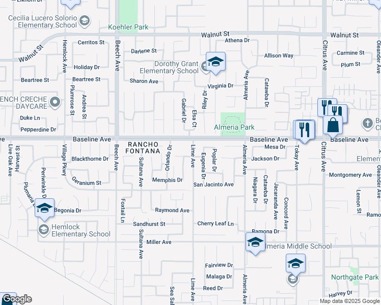 map of restaurants, bars, coffee shops, grocery stores, and more near 7380 Lime Avenue in Fontana