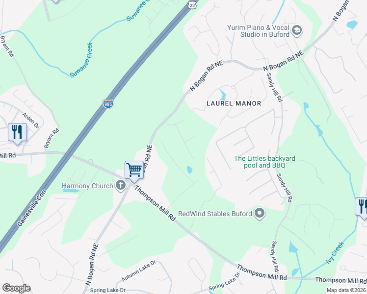 map of restaurants, bars, coffee shops, grocery stores, and more near 4344 Grey Park Drive Northeast in Buford