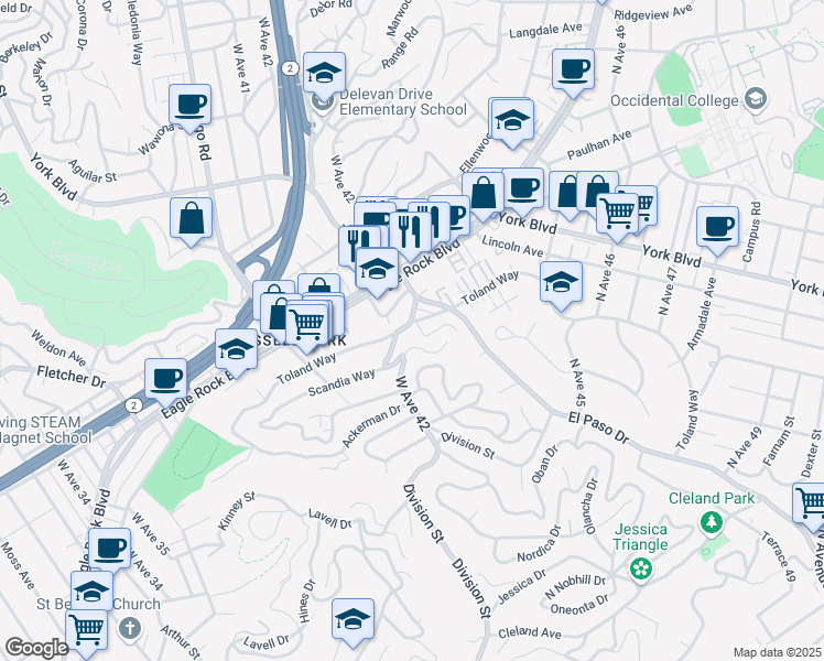 map of restaurants, bars, coffee shops, grocery stores, and more near 4176 Toland Way in Los Angeles