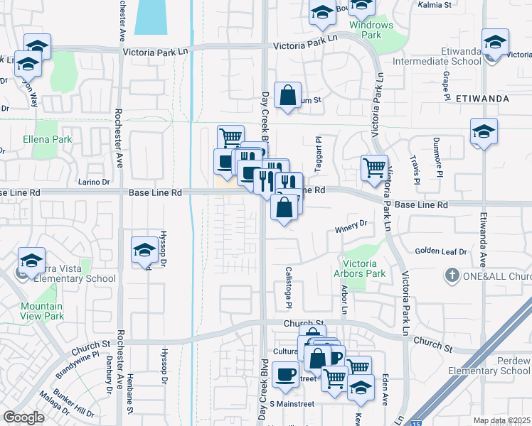 map of restaurants, bars, coffee shops, grocery stores, and more near 7329 Day Creek Boulevard in Rancho Cucamonga