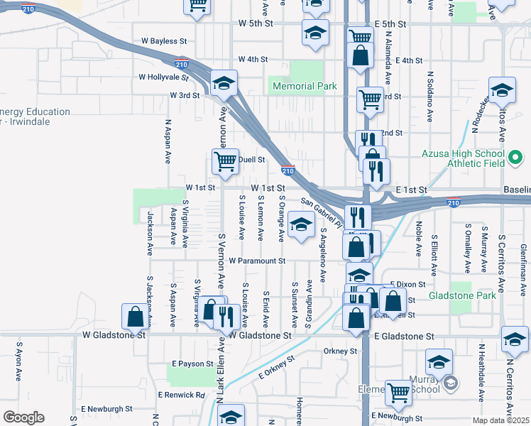 map of restaurants, bars, coffee shops, grocery stores, and more near 132 South Lemon Avenue in Azusa