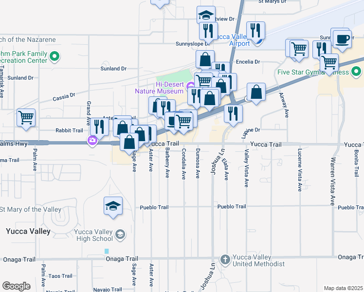 map of restaurants, bars, coffee shops, grocery stores, and more near 7293 Dumosa Avenue in Yucca Valley