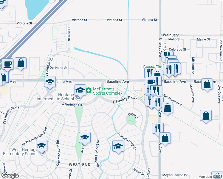 map of restaurants, bars, coffee shops, grocery stores, and more near 14185 Rideout Court in Fontana