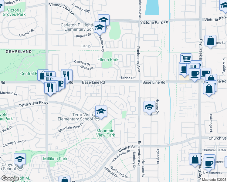 map of restaurants, bars, coffee shops, grocery stores, and more near 7350 Freedom Place in Rancho Cucamonga