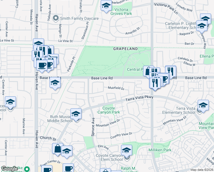 map of restaurants, bars, coffee shops, grocery stores, and more near 7355 Springmill Place in Rancho Cucamonga