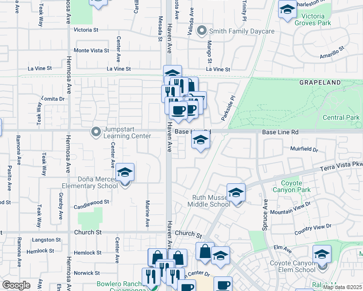 map of restaurants, bars, coffee shops, grocery stores, and more near 7345 Greenhaven Avenue in Rancho Cucamonga