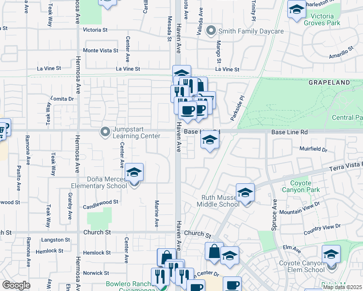 map of restaurants, bars, coffee shops, grocery stores, and more near 7361 Sago Court in Rancho Cucamonga