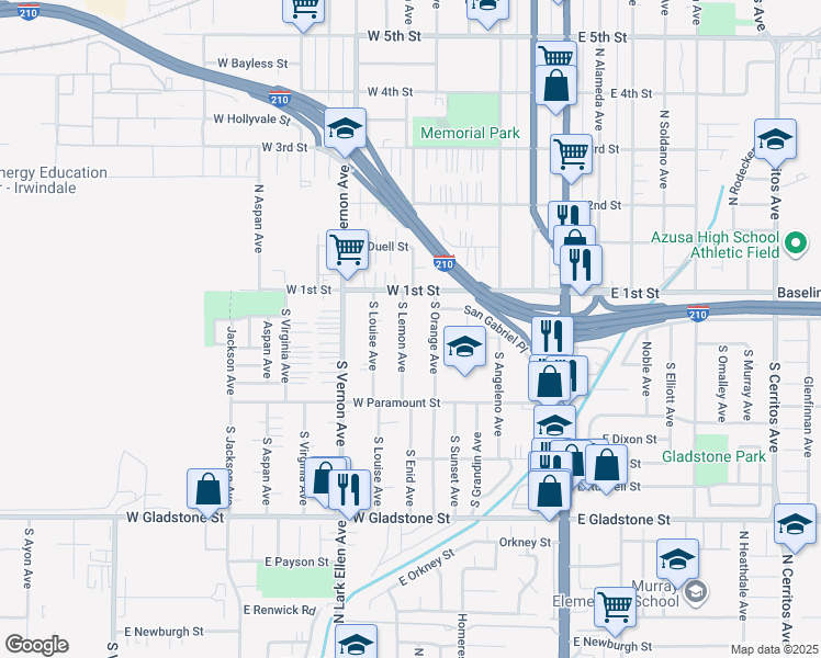 map of restaurants, bars, coffee shops, grocery stores, and more near 128 South Lemon Avenue in Azusa