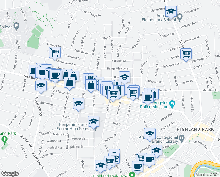 map of restaurants, bars, coffee shops, grocery stores, and more near 5532 Meridian Street in Los Angeles