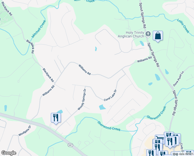 map of restaurants, bars, coffee shops, grocery stores, and more near 7251 Williams Road in Flowery Branch