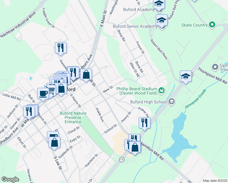 map of restaurants, bars, coffee shops, grocery stores, and more near 440 William Street in Buford