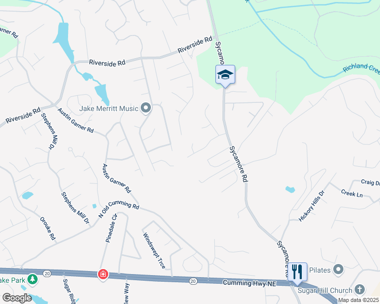 map of restaurants, bars, coffee shops, grocery stores, and more near 5602 Ardmore Court in Sugar Hill