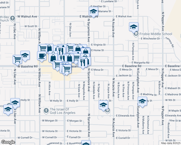 map of restaurants, bars, coffee shops, grocery stores, and more near 1141 North Sycamore Avenue in Rialto