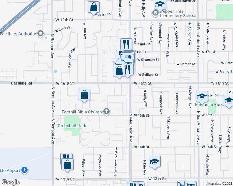 map of restaurants, bars, coffee shops, grocery stores, and more near 1570 Bronco Way in Upland