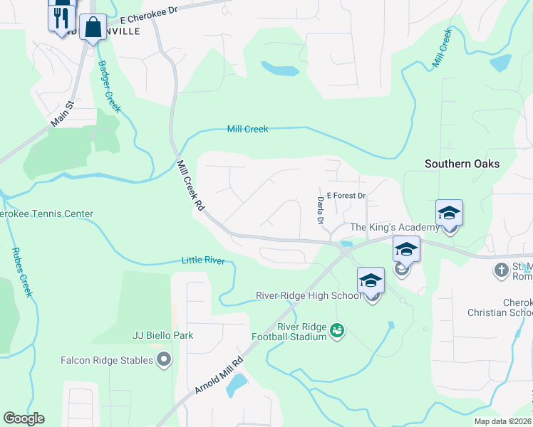 map of restaurants, bars, coffee shops, grocery stores, and more near 1052 Inca Lane in Woodstock