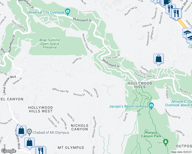 map of restaurants, bars, coffee shops, grocery stores, and more near 2801 Nichols Canyon Place in Los Angeles