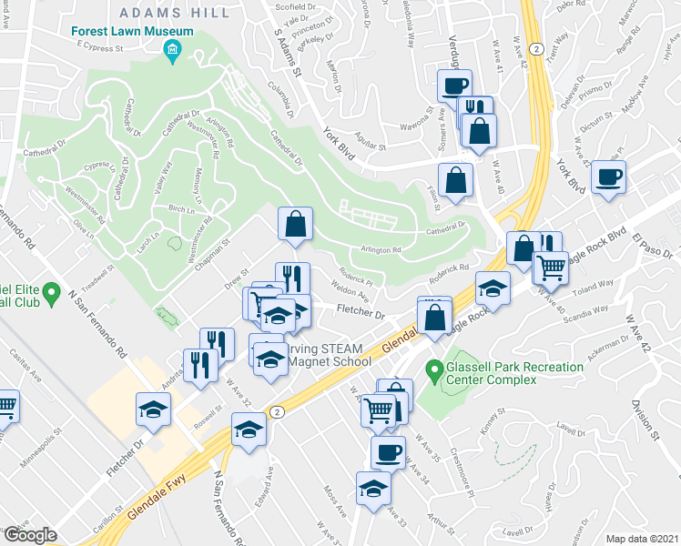 map of restaurants, bars, coffee shops, grocery stores, and more near 3074 Roderick Place in Los Angeles