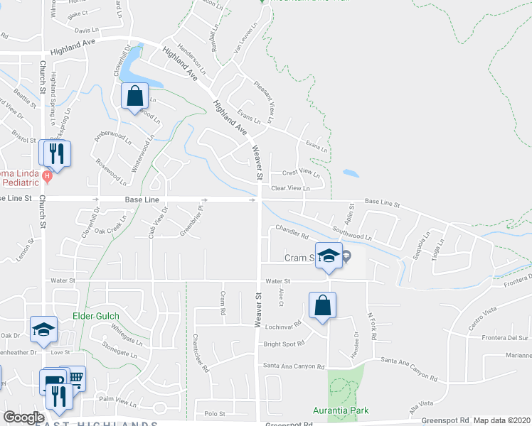 map of restaurants, bars, coffee shops, grocery stores, and more near 7325 Weaver Street in Highland