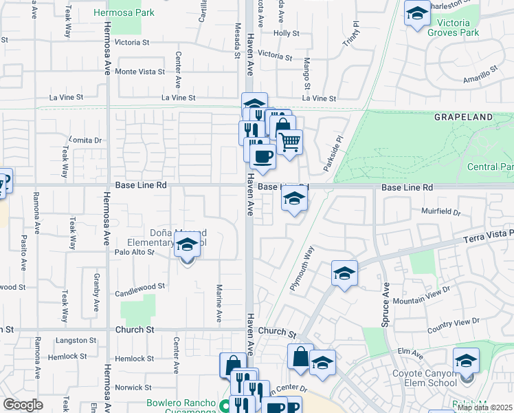 map of restaurants, bars, coffee shops, grocery stores, and more near 7350 Greenhaven Avenue in Rancho Cucamonga