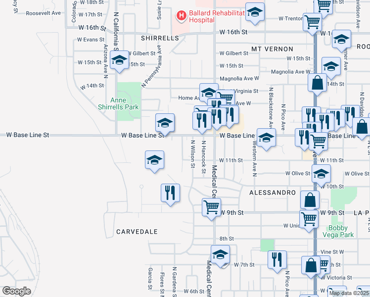 map of restaurants, bars, coffee shops, grocery stores, and more near 1147 Madison Street North in San Bernardino