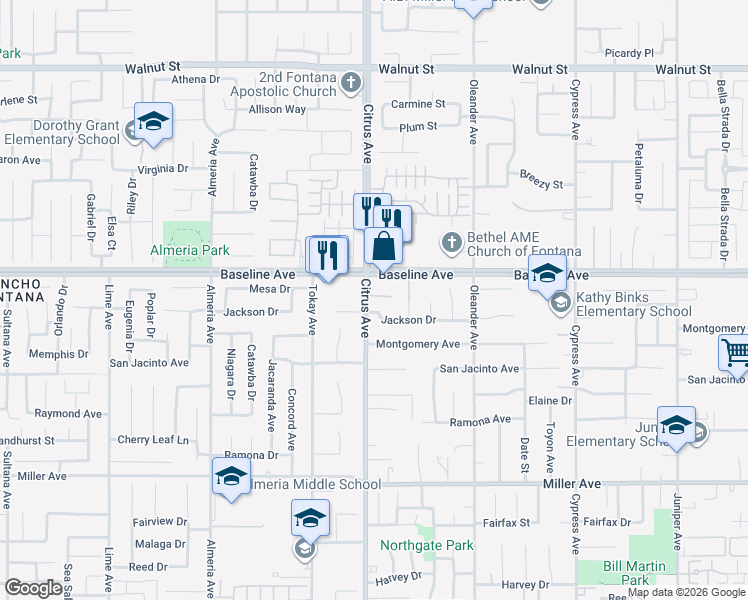 map of restaurants, bars, coffee shops, grocery stores, and more near 7353 Citrus Avenue in Fontana