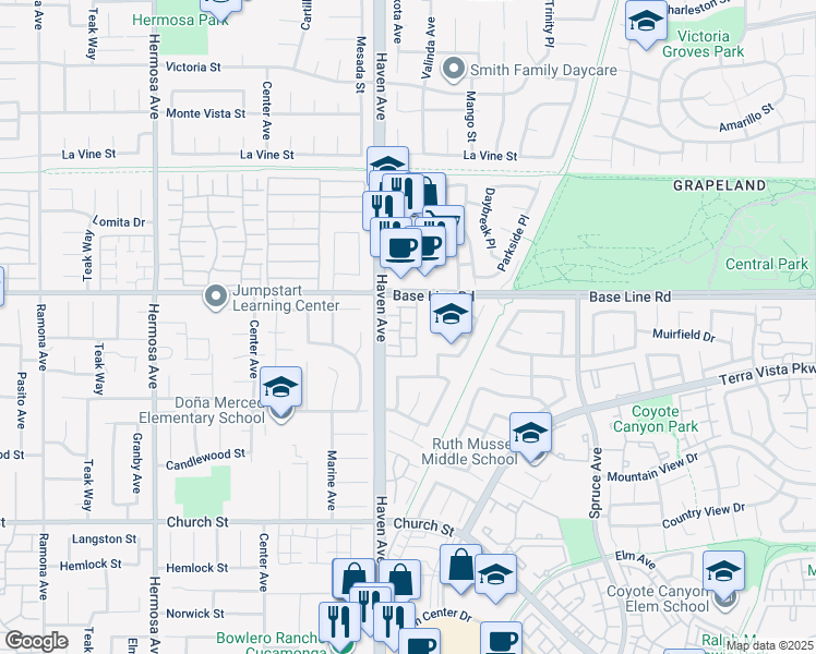 map of restaurants, bars, coffee shops, grocery stores, and more near 7344 Greenhaven Avenue in Rancho Cucamonga