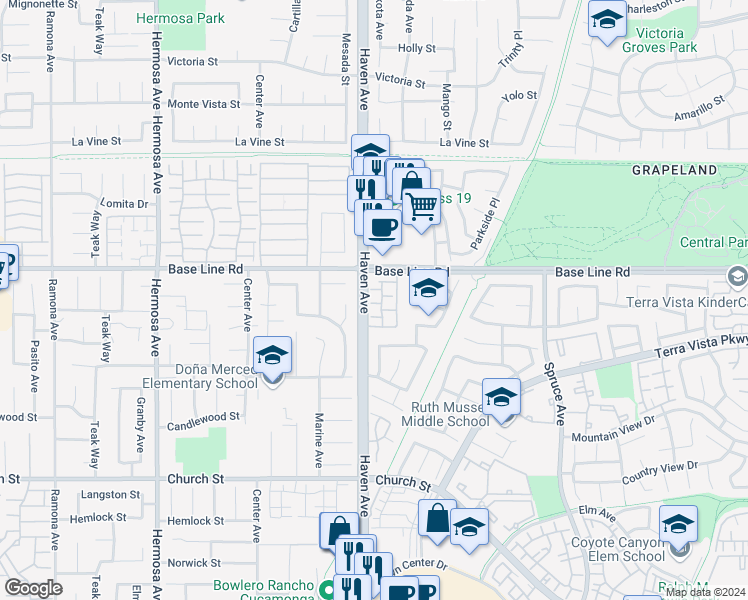 map of restaurants, bars, coffee shops, grocery stores, and more near 7350 Greenhaven Avenue in Rancho Cucamonga