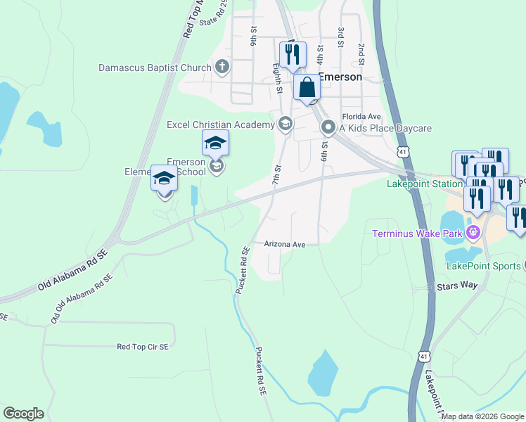 map of restaurants, bars, coffee shops, grocery stores, and more near 32 Puckett Road Southeast in Emerson