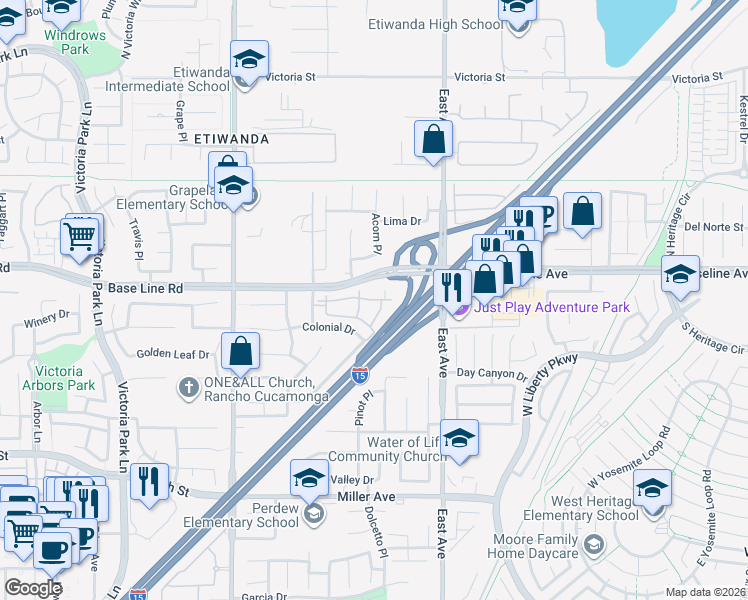 map of restaurants, bars, coffee shops, grocery stores, and more near 7331 Shelby Place in Rancho Cucamonga
