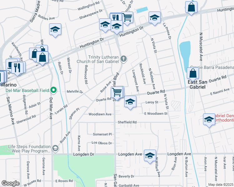 map of restaurants, bars, coffee shops, grocery stores, and more near 8221 Duarte Road in San Gabriel