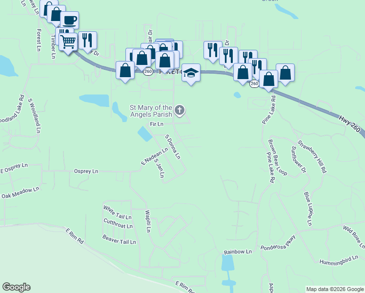 map of restaurants, bars, coffee shops, grocery stores, and more near 1775 East Nadean Lane in Pinetop-Lakeside