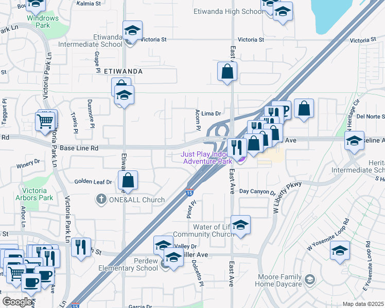 map of restaurants, bars, coffee shops, grocery stores, and more near 7331 Shelby Place in Rancho Cucamonga