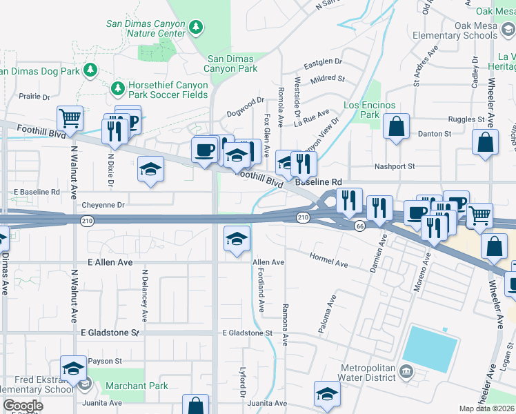 map of restaurants, bars, coffee shops, grocery stores, and more near 4545 Ramona Avenue in La Verne