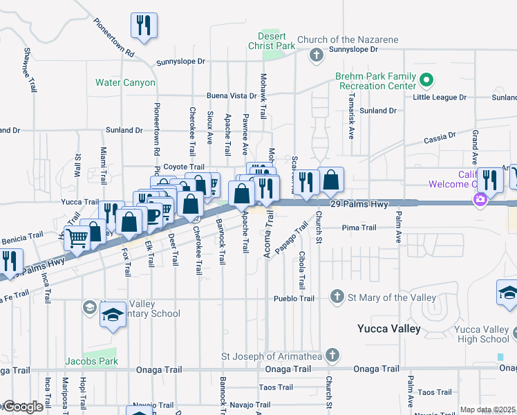 map of restaurants, bars, coffee shops, grocery stores, and more near 7311 Apache Trail in Yucca Valley