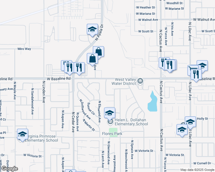 map of restaurants, bars, coffee shops, grocery stores, and more near 1155 North Glenwood Avenue in Rialto